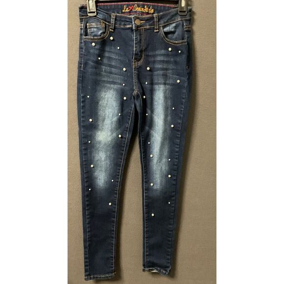 La Denim Studio Pearl Embellished Skinny Jeans Women’s 3 Stretch Denim Dark Wash - Picture 1 of 7